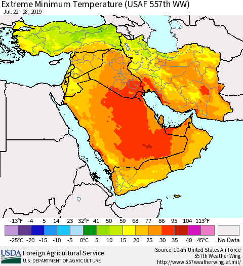 Middle East and Turkey Minimum Daily Temperature (USAF 557th WW) Thematic Map For 7/22/2019 - 7/28/2019