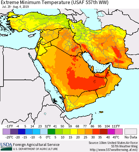 Middle East and Turkey Minimum Daily Temperature (USAF 557th WW) Thematic Map For 7/29/2019 - 8/4/2019