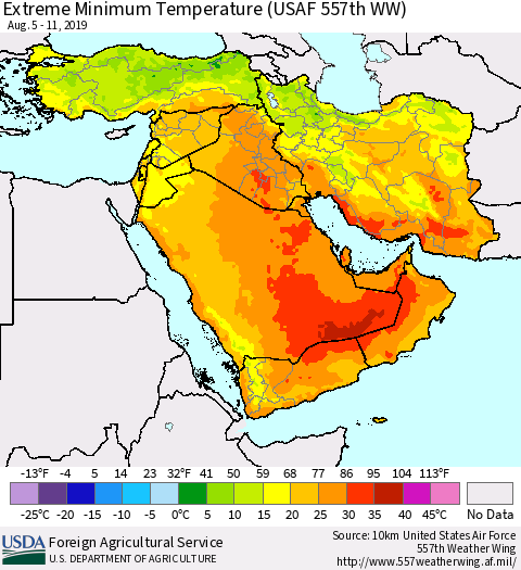 Middle East and Turkey Minimum Daily Temperature (USAF 557th WW) Thematic Map For 8/5/2019 - 8/11/2019