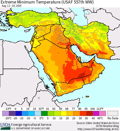 Middle East and Turkey Minimum Daily Temperature (USAF 557th WW) Thematic Map For 8/12/2019 - 8/18/2019