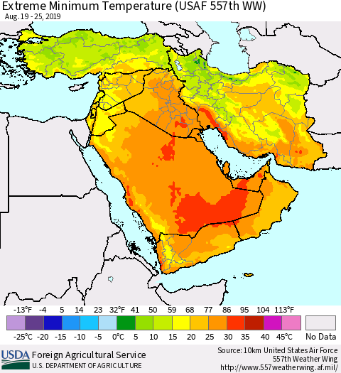 Middle East and Turkey Minimum Daily Temperature (USAF 557th WW) Thematic Map For 8/19/2019 - 8/25/2019