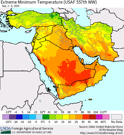 Middle East and Turkey Minimum Daily Temperature (USAF 557th WW) Thematic Map For 9/2/2019 - 9/8/2019
