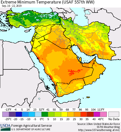 Middle East and Turkey Minimum Daily Temperature (USAF 557th WW) Thematic Map For 9/16/2019 - 9/22/2019