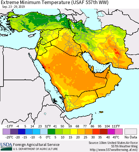 Middle East and Turkey Minimum Daily Temperature (USAF 557th WW) Thematic Map For 9/23/2019 - 9/29/2019
