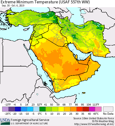 Middle East and Turkey Minimum Daily Temperature (USAF 557th WW) Thematic Map For 9/30/2019 - 10/6/2019