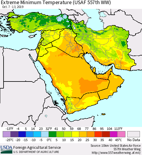 Middle East and Turkey Minimum Daily Temperature (USAF 557th WW) Thematic Map For 10/7/2019 - 10/13/2019