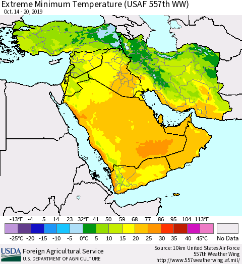 Middle East and Turkey Minimum Daily Temperature (USAF 557th WW) Thematic Map For 10/14/2019 - 10/20/2019