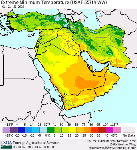 Middle East and Turkey Minimum Daily Temperature (USAF 557th WW) Thematic Map For 10/21/2019 - 10/27/2019