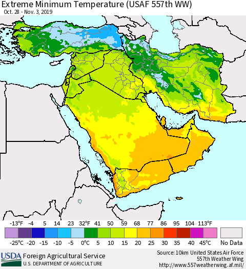 Middle East and Turkey Minimum Daily Temperature (USAF 557th WW) Thematic Map For 10/28/2019 - 11/3/2019