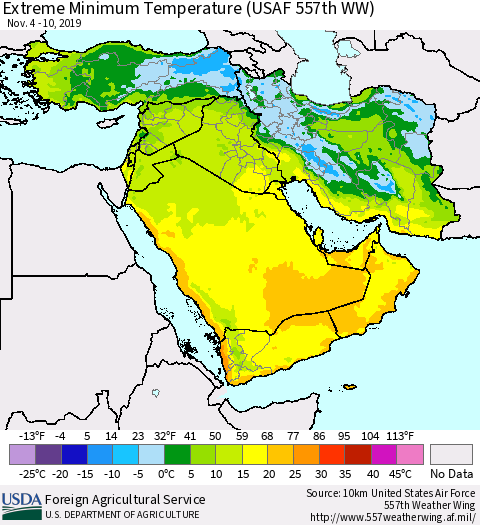 Middle East and Turkey Minimum Daily Temperature (USAF 557th WW) Thematic Map For 11/4/2019 - 11/10/2019