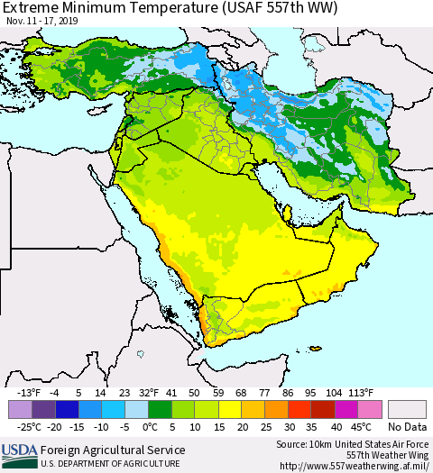 Middle East and Turkey Minimum Daily Temperature (USAF 557th WW) Thematic Map For 11/11/2019 - 11/17/2019