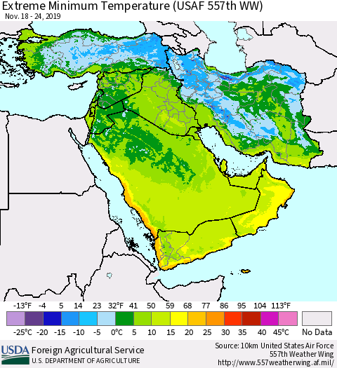 Middle East and Turkey Minimum Daily Temperature (USAF 557th WW) Thematic Map For 11/18/2019 - 11/24/2019