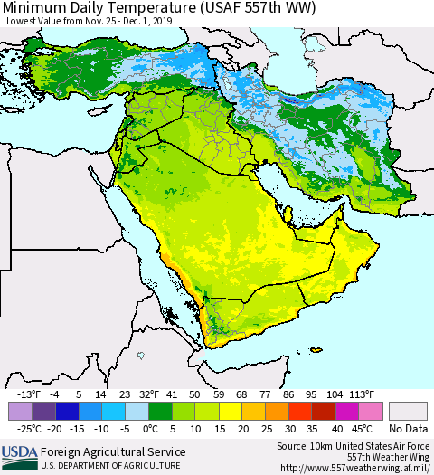 Middle East and Turkey Minimum Daily Temperature (USAF 557th WW) Thematic Map For 11/25/2019 - 12/1/2019