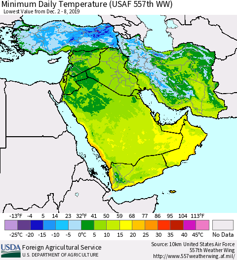 Middle East and Turkey Minimum Daily Temperature (USAF 557th WW) Thematic Map For 12/2/2019 - 12/8/2019