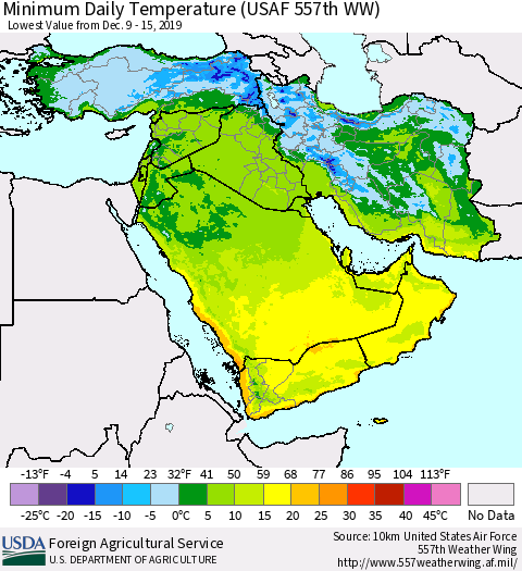 Middle East and Turkey Minimum Daily Temperature (USAF 557th WW) Thematic Map For 12/9/2019 - 12/15/2019