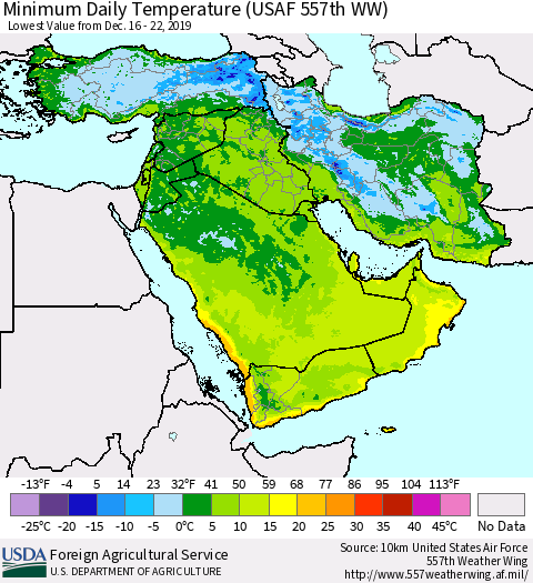 Middle East and Turkey Minimum Daily Temperature (USAF 557th WW) Thematic Map For 12/16/2019 - 12/22/2019