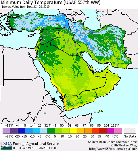 Middle East and Turkey Minimum Daily Temperature (USAF 557th WW) Thematic Map For 12/23/2019 - 12/29/2019