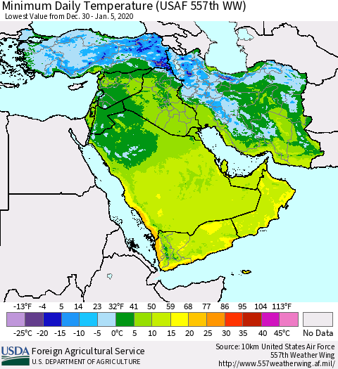 Middle East and Turkey Minimum Daily Temperature (USAF 557th WW) Thematic Map For 12/30/2019 - 1/5/2020