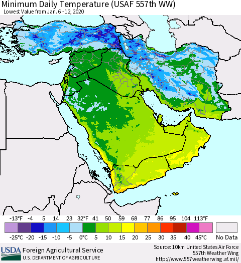 Middle East and Turkey Minimum Daily Temperature (USAF 557th WW) Thematic Map For 1/6/2020 - 1/12/2020