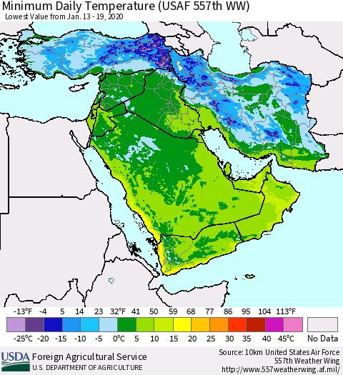 Middle East and Turkey Minimum Daily Temperature (USAF 557th WW) Thematic Map For 1/13/2020 - 1/19/2020