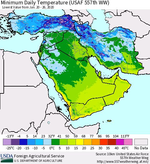 Middle East and Turkey Minimum Daily Temperature (USAF 557th WW) Thematic Map For 1/20/2020 - 1/26/2020