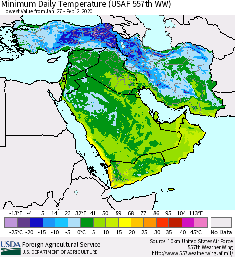 Middle East and Turkey Minimum Daily Temperature (USAF 557th WW) Thematic Map For 1/27/2020 - 2/2/2020