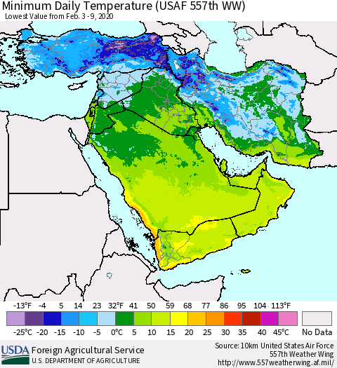 Middle East and Turkey Minimum Daily Temperature (USAF 557th WW) Thematic Map For 2/3/2020 - 2/9/2020