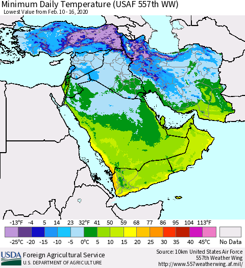 Middle East and Turkey Minimum Daily Temperature (USAF 557th WW) Thematic Map For 2/10/2020 - 2/16/2020