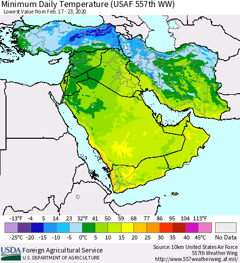 Middle East and Turkey Minimum Daily Temperature (USAF 557th WW) Thematic Map For 2/17/2020 - 2/23/2020