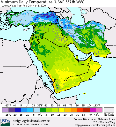 Middle East and Turkey Minimum Daily Temperature (USAF 557th WW) Thematic Map For 2/24/2020 - 3/1/2020