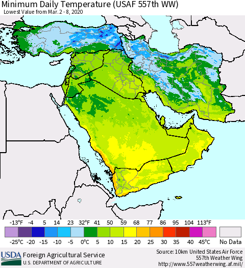 Middle East and Turkey Minimum Daily Temperature (USAF 557th WW) Thematic Map For 3/2/2020 - 3/8/2020