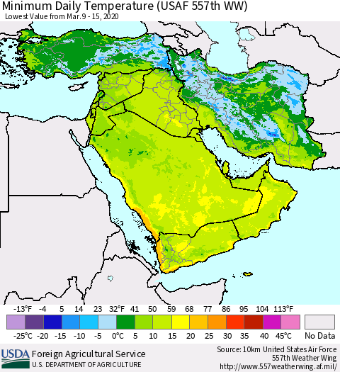 Middle East and Turkey Minimum Daily Temperature (USAF 557th WW) Thematic Map For 3/9/2020 - 3/15/2020