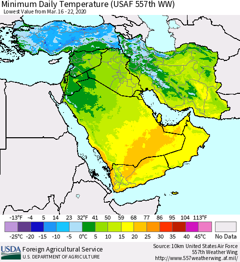 Middle East and Turkey Minimum Daily Temperature (USAF 557th WW) Thematic Map For 3/16/2020 - 3/22/2020