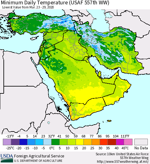 Middle East and Turkey Minimum Daily Temperature (USAF 557th WW) Thematic Map For 3/23/2020 - 3/29/2020