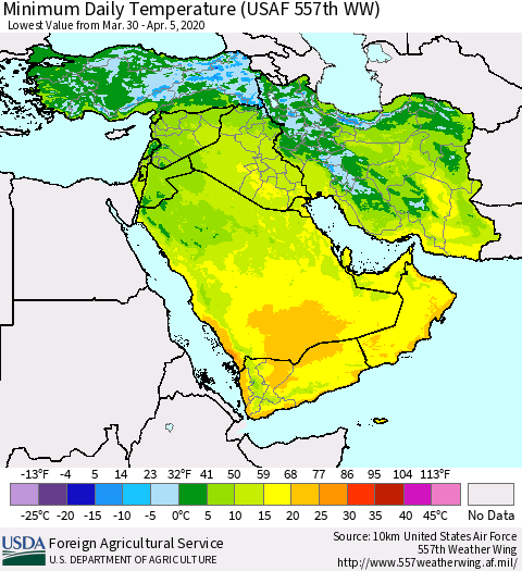 Middle East and Turkey Minimum Daily Temperature (USAF 557th WW) Thematic Map For 3/30/2020 - 4/5/2020