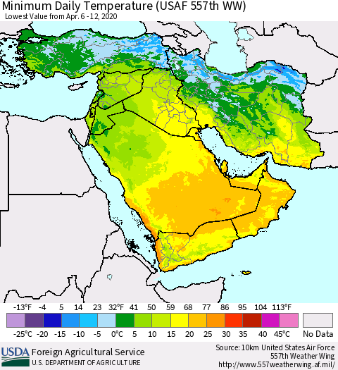 Middle East and Turkey Minimum Daily Temperature (USAF 557th WW) Thematic Map For 4/6/2020 - 4/12/2020