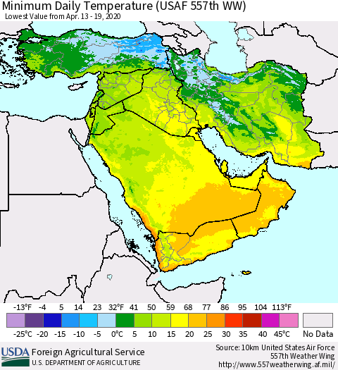 Middle East and Turkey Minimum Daily Temperature (USAF 557th WW) Thematic Map For 4/13/2020 - 4/19/2020