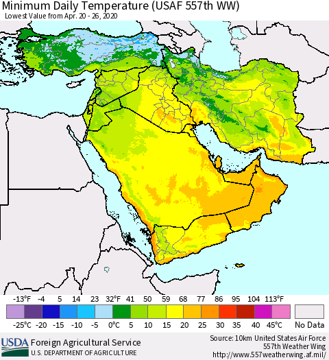 Middle East and Turkey Minimum Daily Temperature (USAF 557th WW) Thematic Map For 4/20/2020 - 4/26/2020