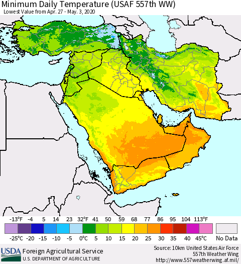 Middle East and Turkey Minimum Daily Temperature (USAF 557th WW) Thematic Map For 4/27/2020 - 5/3/2020