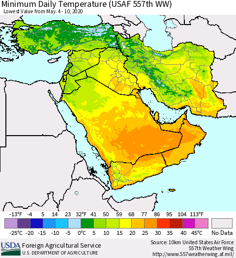 Middle East and Turkey Minimum Daily Temperature (USAF 557th WW) Thematic Map For 5/4/2020 - 5/10/2020