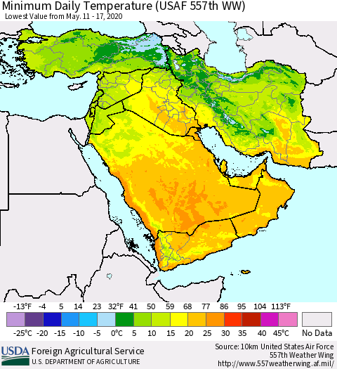 Middle East and Turkey Minimum Daily Temperature (USAF 557th WW) Thematic Map For 5/11/2020 - 5/17/2020