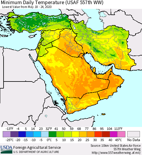 Middle East and Turkey Minimum Daily Temperature (USAF 557th WW) Thematic Map For 5/18/2020 - 5/24/2020