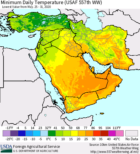 Middle East and Turkey Minimum Daily Temperature (USAF 557th WW) Thematic Map For 5/25/2020 - 5/31/2020