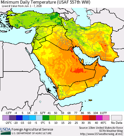 Middle East and Turkey Minimum Daily Temperature (USAF 557th WW) Thematic Map For 6/1/2020 - 6/7/2020