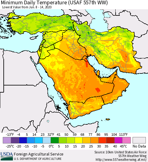 Middle East and Turkey Minimum Daily Temperature (USAF 557th WW) Thematic Map For 6/8/2020 - 6/14/2020