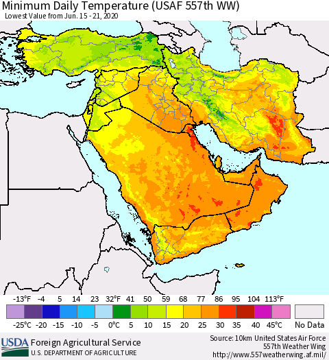Middle East and Turkey Minimum Daily Temperature (USAF 557th WW) Thematic Map For 6/15/2020 - 6/21/2020