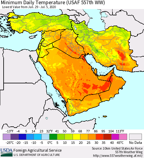 Middle East and Turkey Minimum Daily Temperature (USAF 557th WW) Thematic Map For 6/29/2020 - 7/5/2020