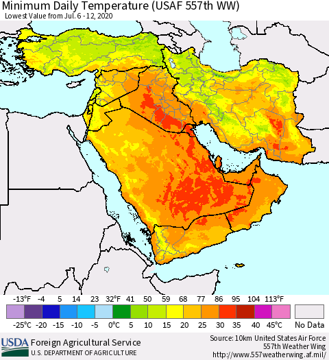 Middle East and Turkey Minimum Daily Temperature (USAF 557th WW) Thematic Map For 7/6/2020 - 7/12/2020