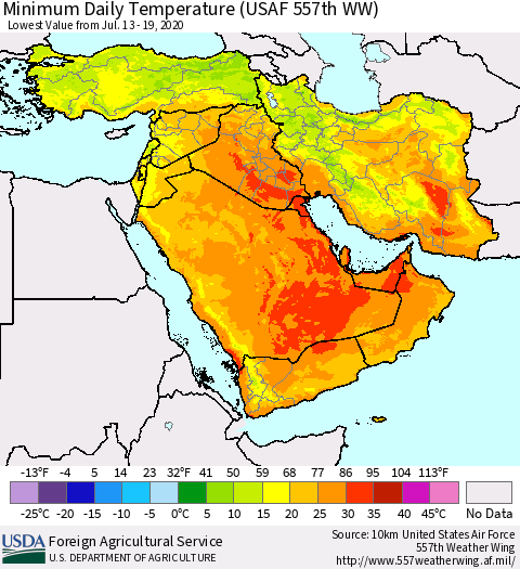 Middle East and Turkey Minimum Daily Temperature (USAF 557th WW) Thematic Map For 7/13/2020 - 7/19/2020