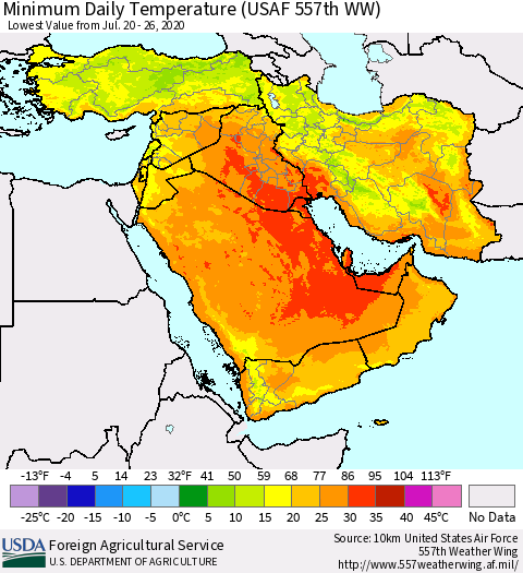 Middle East and Turkey Minimum Daily Temperature (USAF 557th WW) Thematic Map For 7/20/2020 - 7/26/2020